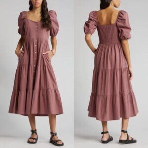 Treasure&Bond | Maroon/Rose Puff Sleeve Button Down Midi Dress | L